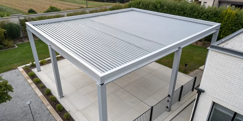 A louvered pergola roof only with adjustable slats providing shade on a modern patio.