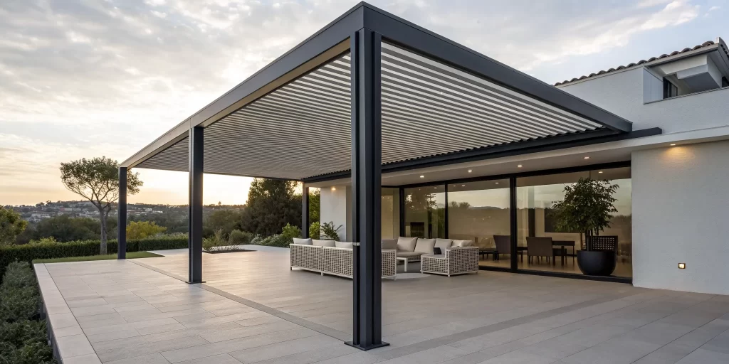 Sleek louvered roof panels covering a modern patio and outdoor seating area.