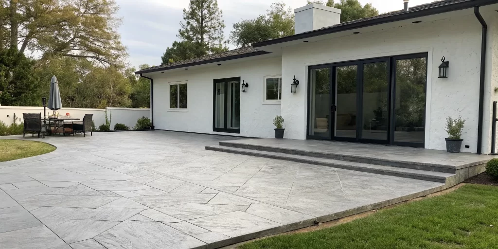 Modern stamped concrete patio with a clean, geometric pattern.