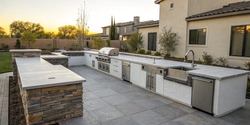 The final cost of an outdoor kitchen installation with a built-in grill and stone countertops.