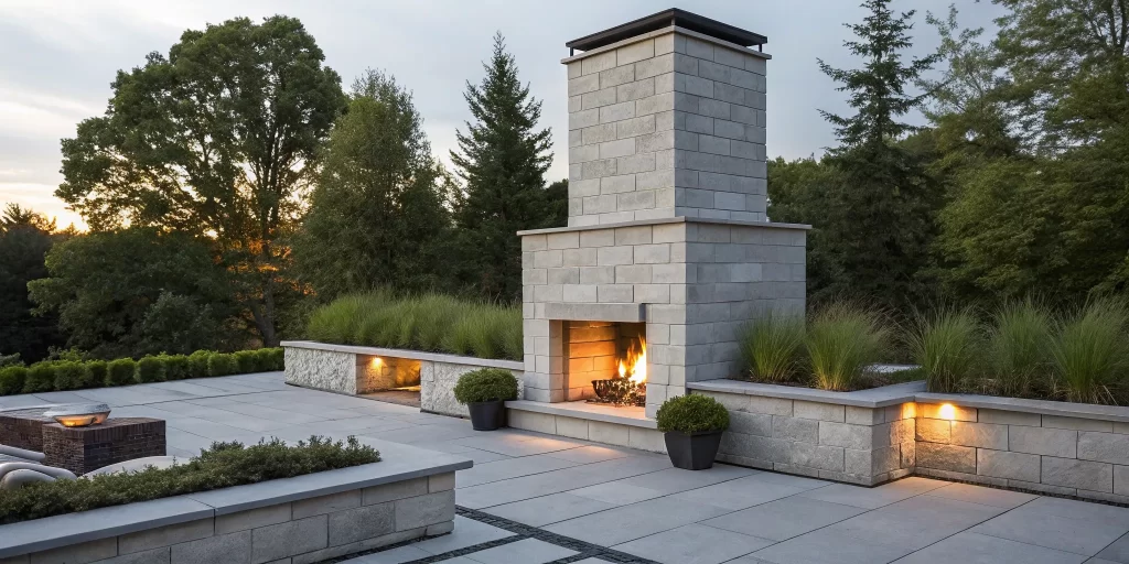 Outdoor stone fireplace with a chimney on a modern patio with greenery, illuminated at night.