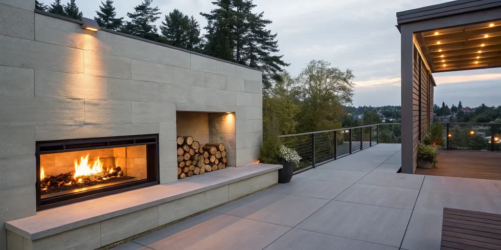 A modern outdoor wood burning fireplace insert with a glowing fire on a backyard patio.