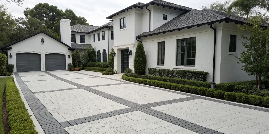 A modern paver driveway, an alternative to consider when comparing paver vs concrete cost.