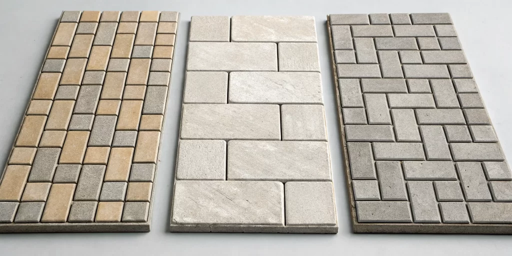 Three popular patterns using three different sizes of pavers.