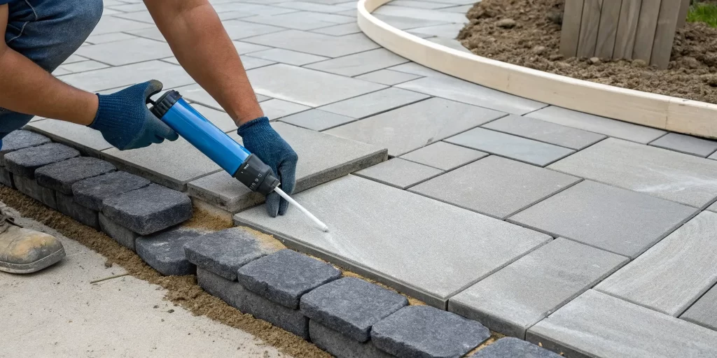 Applying paver stone glue to a paver to create a durable patio.