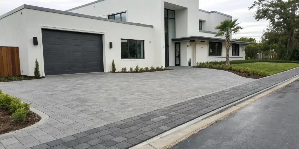 Pavers installed over a concrete driveway create a modern and durable home entrance.