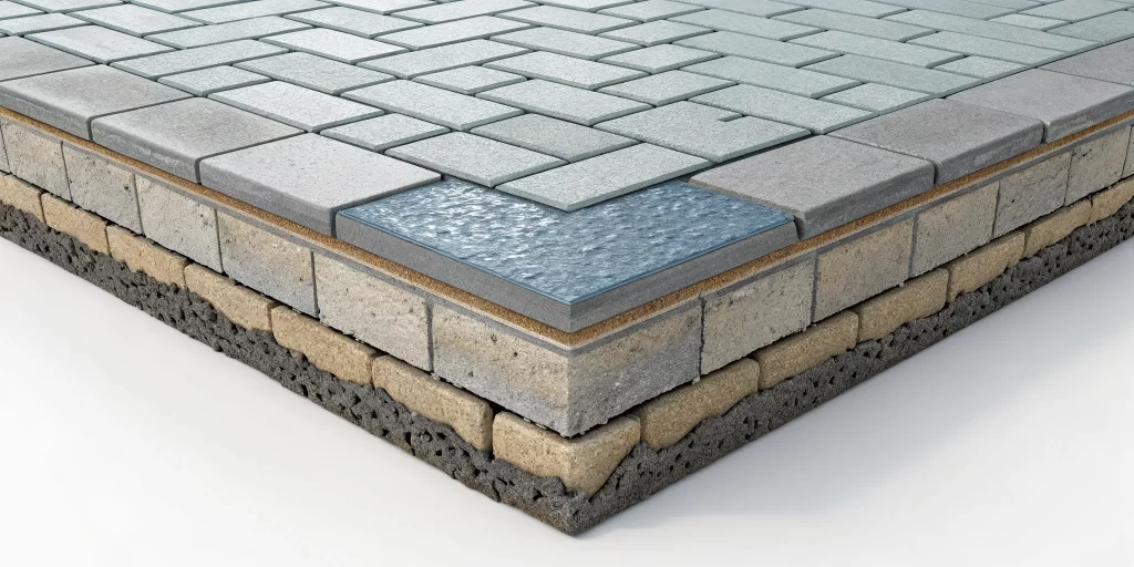 A detail of a permeable paver's layered system for stormwater drainage.