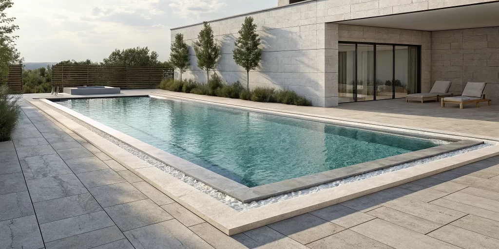 Stone coping around a modern pool, a key factor in the cost per linear foot.