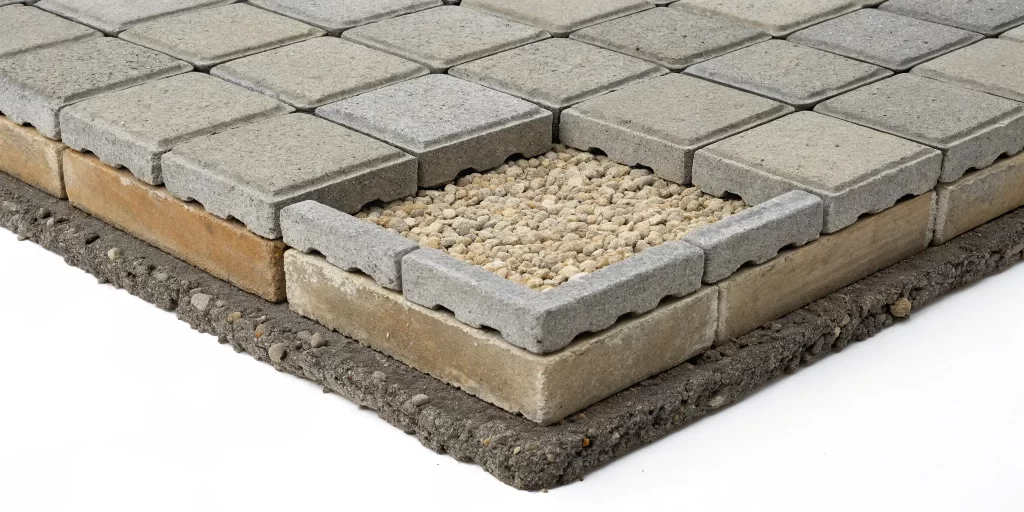 Porous concrete pavers installed over a gravel base to manage stormwater runoff.