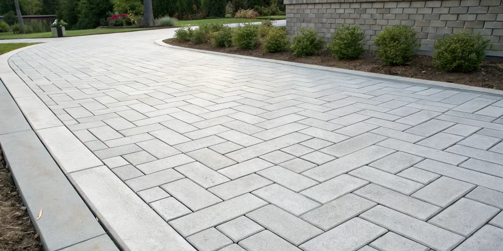 Light gray rectangle concrete pavers laid in a herringbone pattern on a modern driveway.