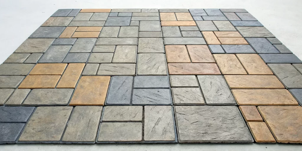 Stamped concrete patio with an ashlar pattern featuring a blend of gray and earth tone colors.