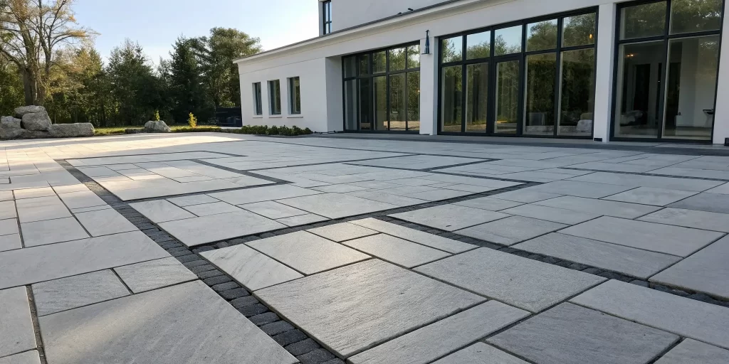 Sleek, large format concrete pavers installed on a contemporary patio.