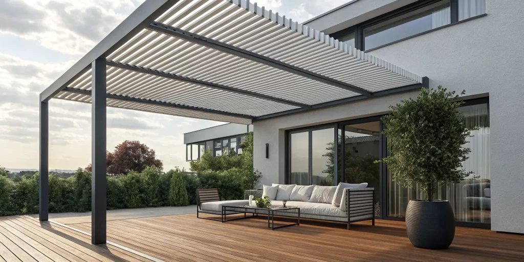 Modern motorized louvered pergola over a patio with outdoor furniture.