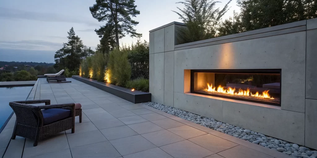 A modern outdoor fireplace insert set in a stone wall on a patio with a cozy seating area.