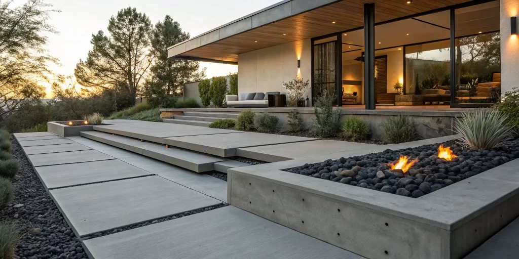 Modern concrete patio design with a fire pit, tiered levels, and clean geometric lines.