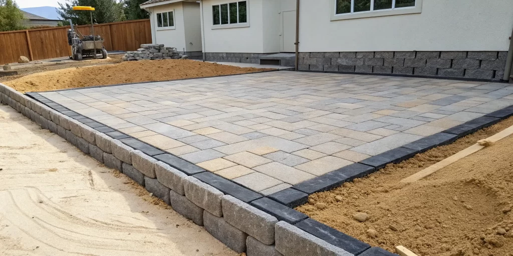 Layers of compacted stone and sand form a solid base material for a new paver patio.