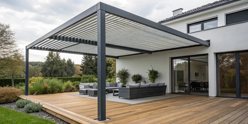 A modern pergola with an adjustable louvered roof kit shading outdoor seating on a deck.