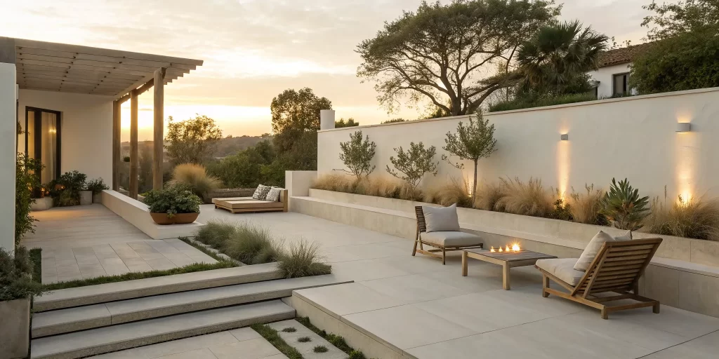 The best outdoor living space design with a modern patio, fire table, lounge chairs, and ambient lighting.