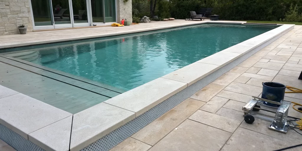 Finished aluminum pool coping replacement, a key factor in the total project price.