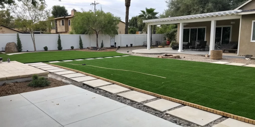 New artificial turf installation in a Villa Park backyard with a stone walkway.