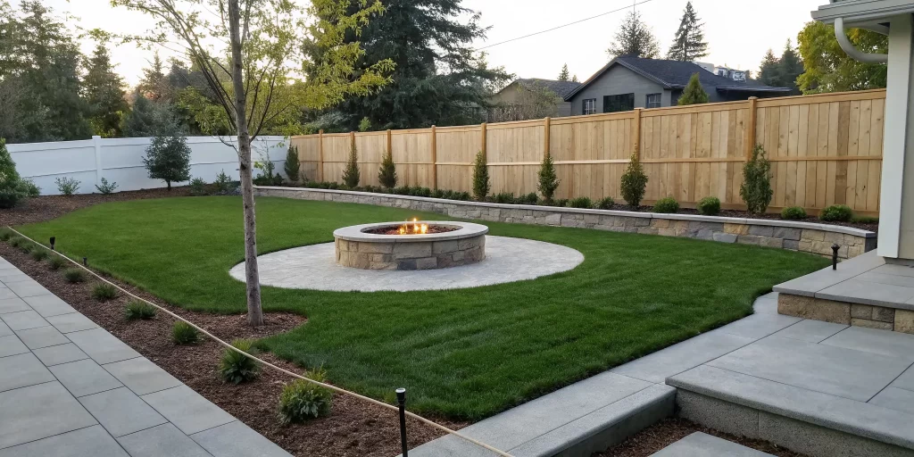 Stone backyard fire pit installation completed on a lawn with safe clearance.