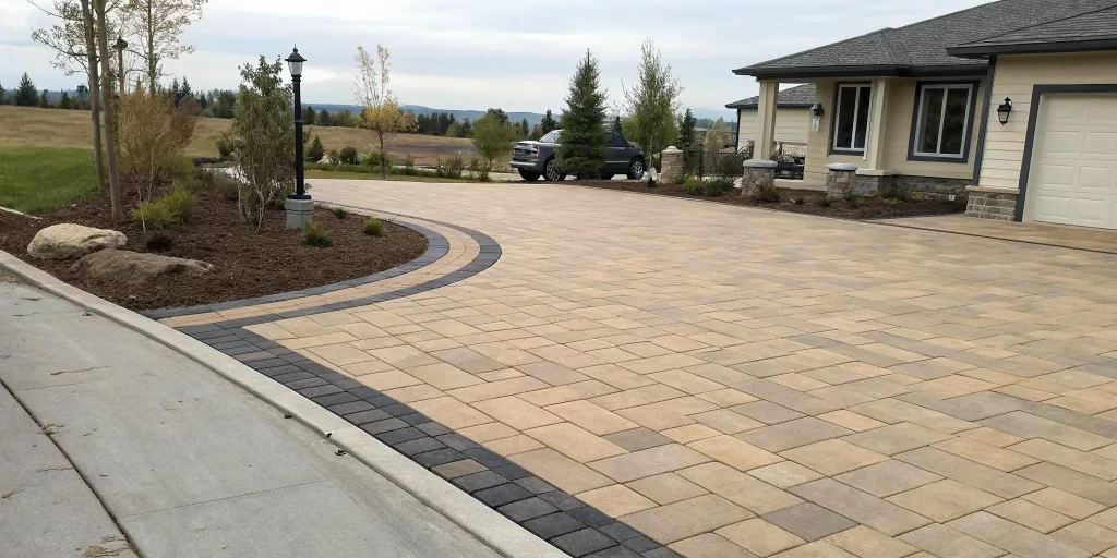 The cost to install a Belgard paver driveway with a detailed pattern and border.