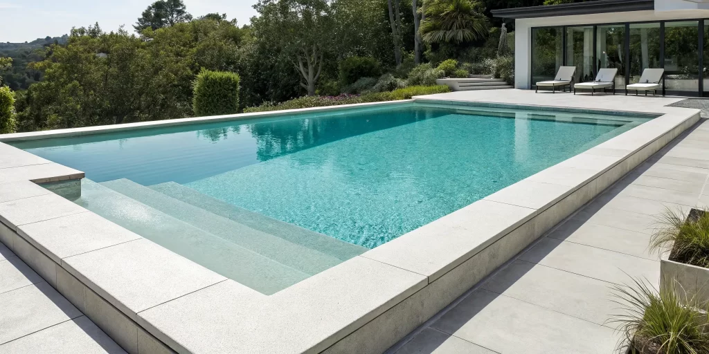 Modern backyard pool with the best aluminum coping replacement.