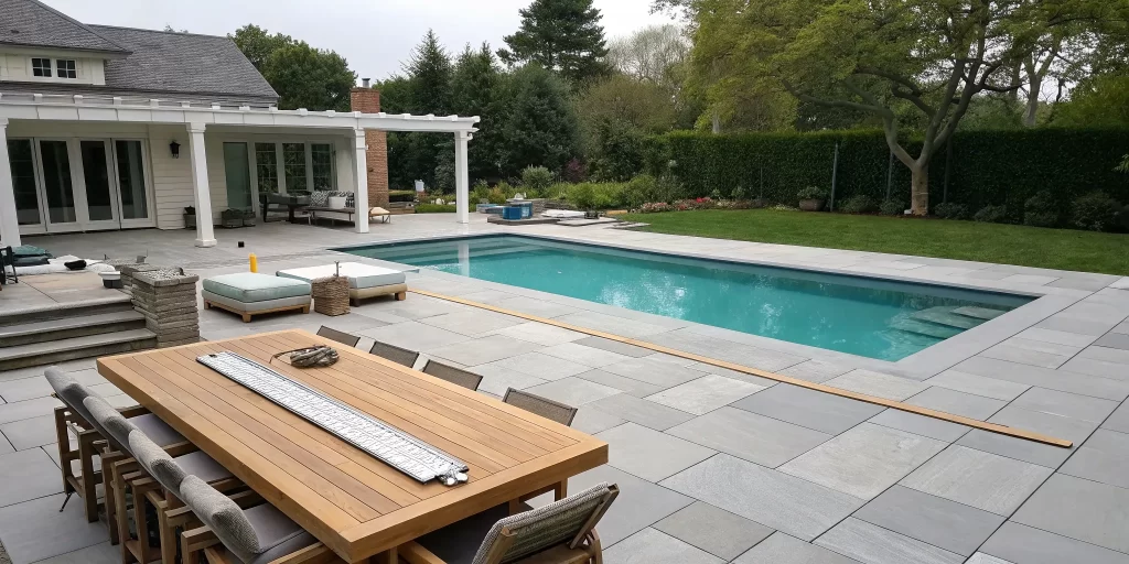 Modern backyard pool and patio remodel with stone pavers, a dining area, and lush landscaping.