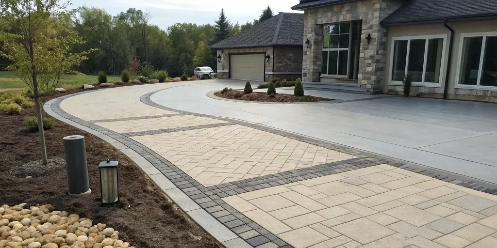 Poured concrete driveway next to pavers, comparing which material is cheaper.