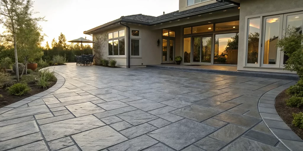 Considering the pros and cons of a stamped concrete patio with a modern design.