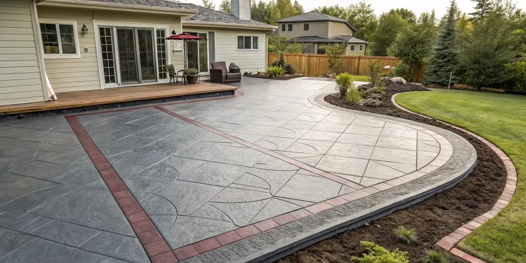Stamped concrete patio with a decorative border and a modern, clean-lined pattern.