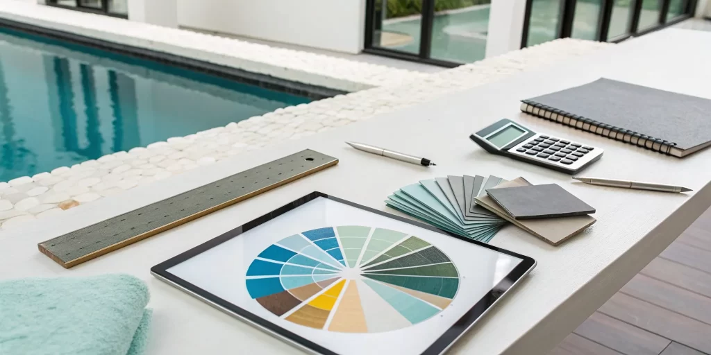 Estimating a swimming pool renovation cost with a calculator and various material samples.