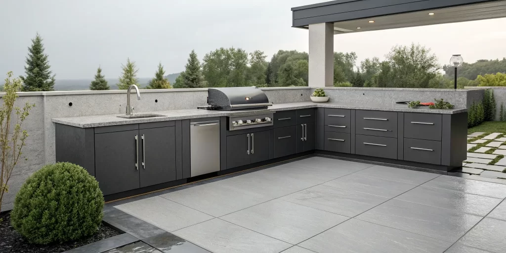 Sleek gray weatherproof outdoor kitchen cabinets with a built-in grill and sink.