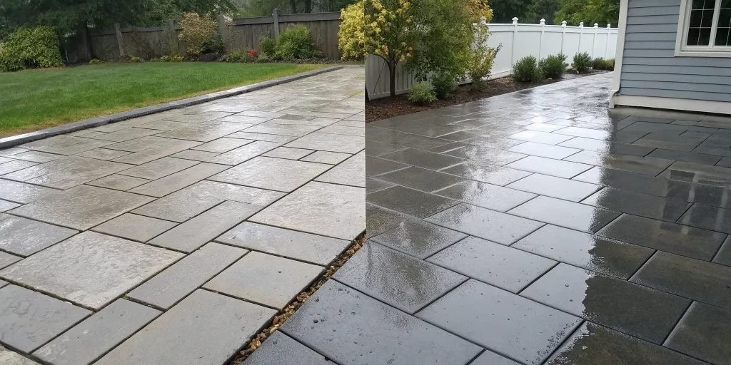 A dark, blotchy sealed paver next to a natural paver shows why you shouldn't seal your pavers.