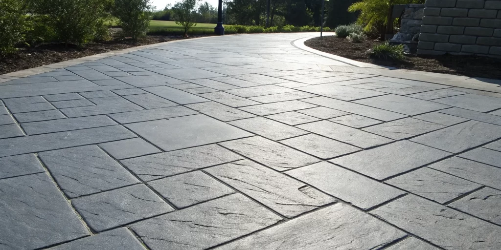 Ashlar cut slate stamped concrete, one of the best patterns for a durable driveway.