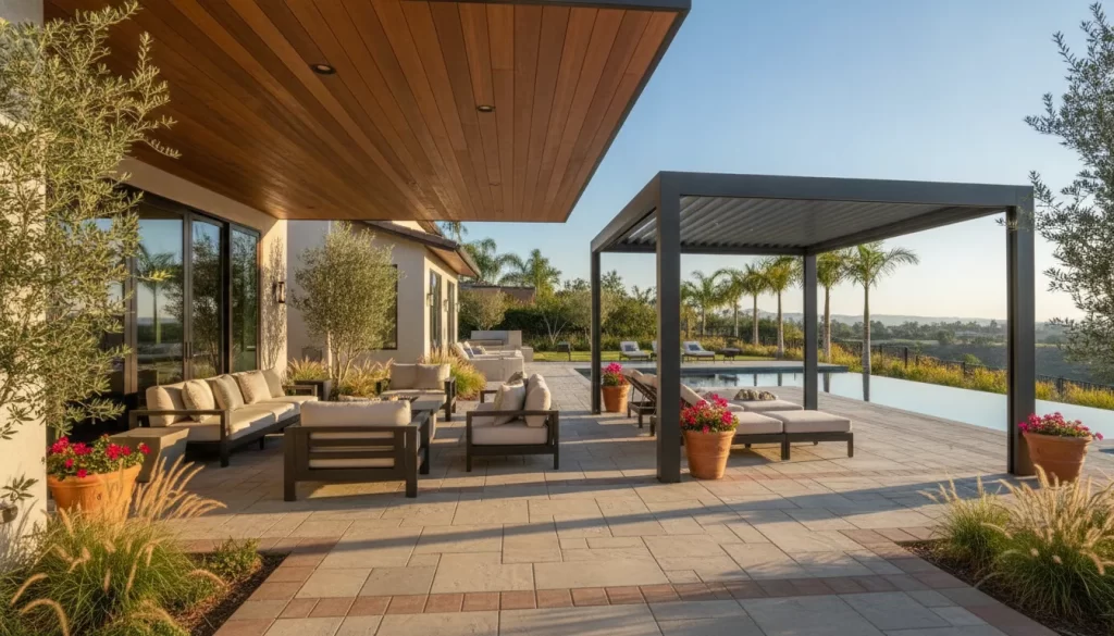 Alumawood patio cover and louvered pergola over a paver patio
