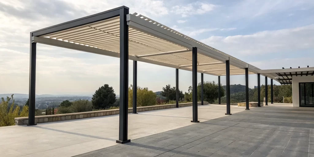The best adjustable louvered pergola in a modern backyard with its louvers open.