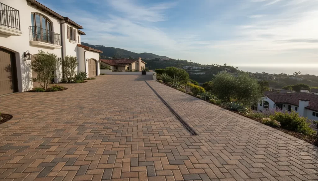 Herringbone paver driveway on a sloped Orange County home