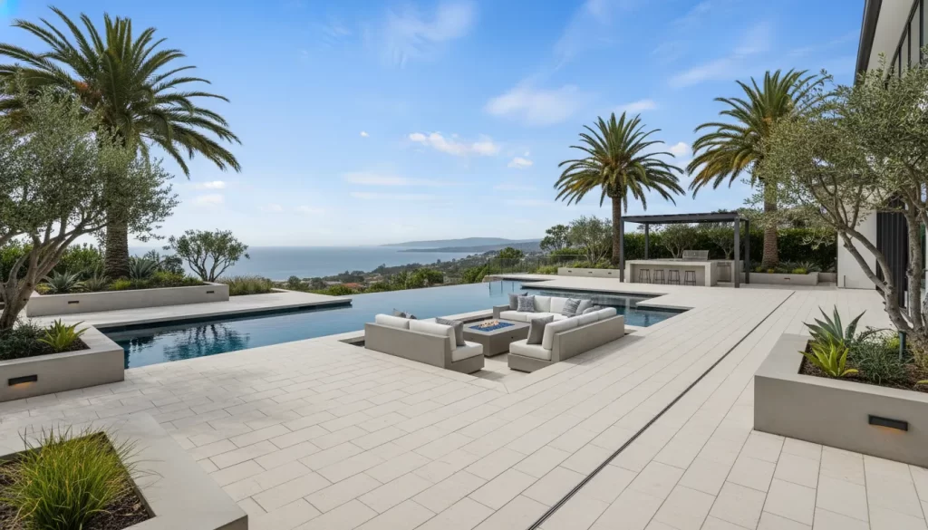 Light colored paver pool deck around a luxury Orange County pool