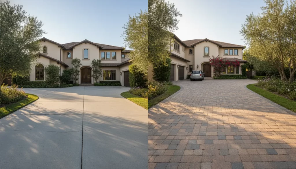 Driveway pavers vs concrete driveway comparison at an Orange County home