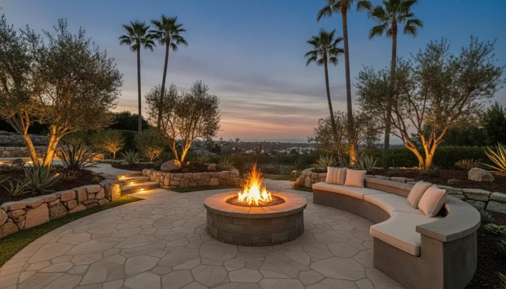 Built-in stone fire pit on a premium Orange County paver patio