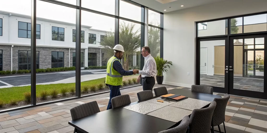 HOA manager and paver contractor shaking hands after choosing the best company for HOA projects.