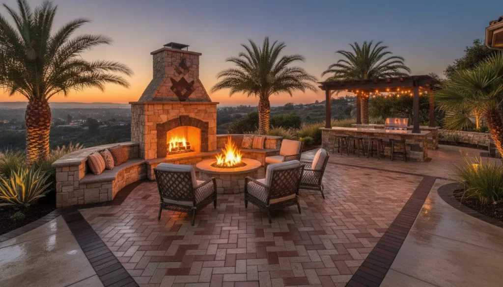 Luxury Orange County paver patio with an outdoor fireplace and fire pit
