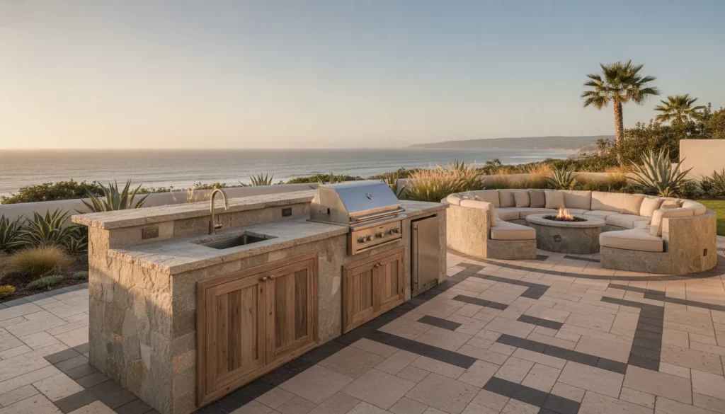 Premium outdoor kitchen with built-in grill and paver patio in Orange County