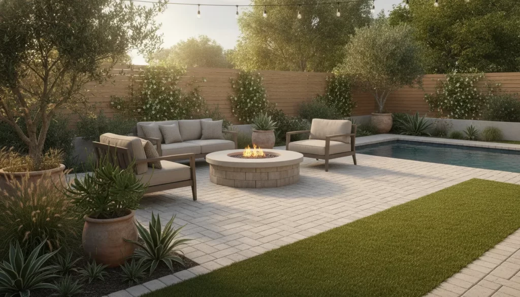 Small Orange County backyard with modern paver patio, turf, and firepit