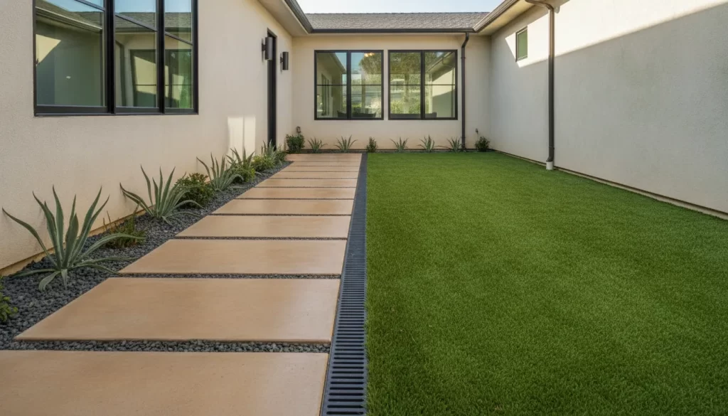 Orange County side yard comparing synthetic grass and pavers