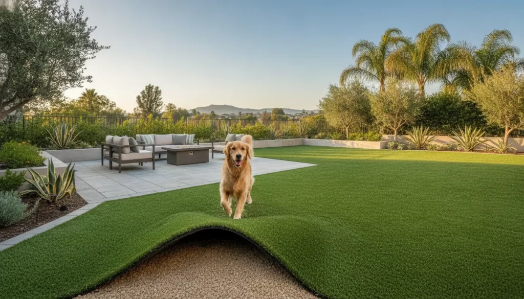 Dog playing on synthetic turf with a drainage base in an Orange County backyard