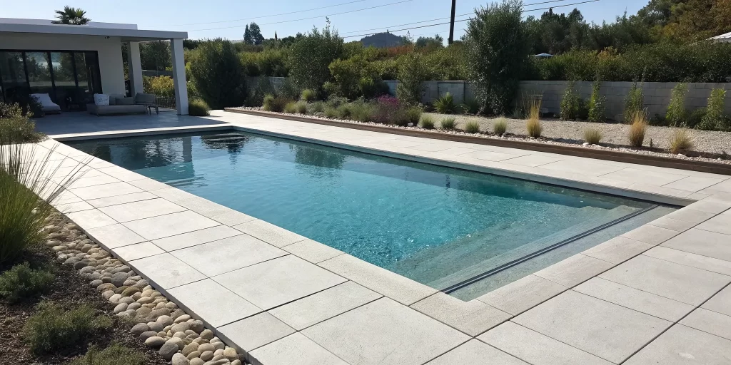 A non-slip pool deck using concrete pavers, one of the best materials for poolside safety.