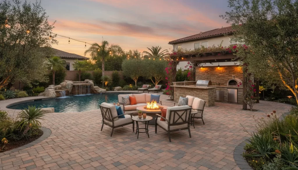 Luxury paver patio in an Orange County backyard with interlocking pavers and comfortable outdoor seating