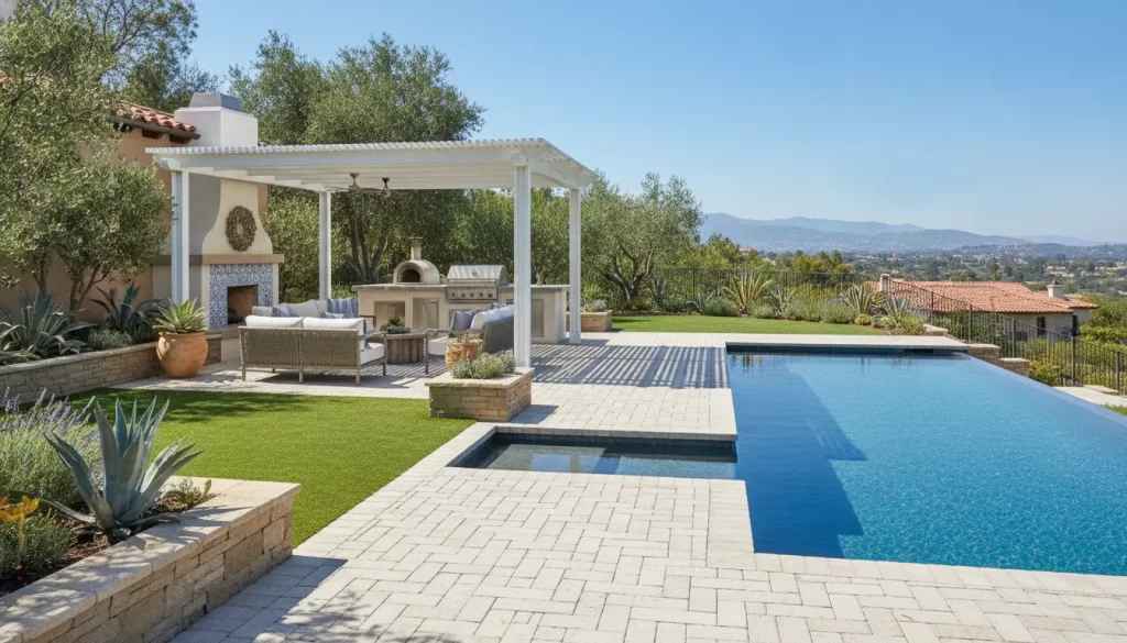 Luxury Orange County backyard with paver patio, drought-tolerant landscaping, and modern outdoor living space